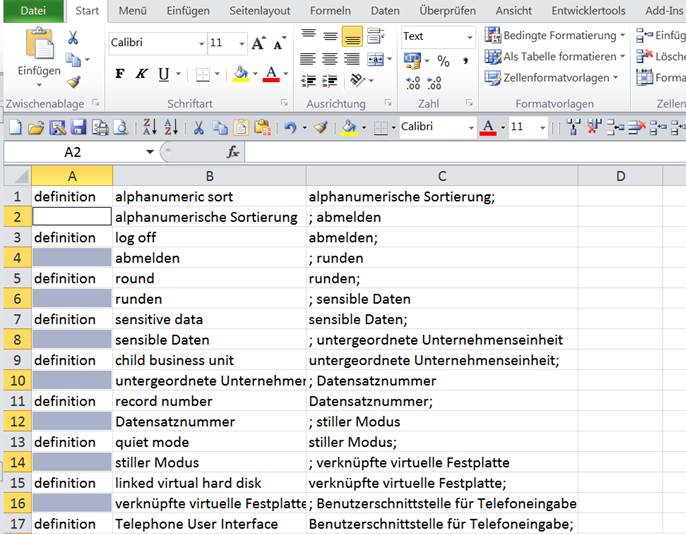 Glossarerstellung mit Excel