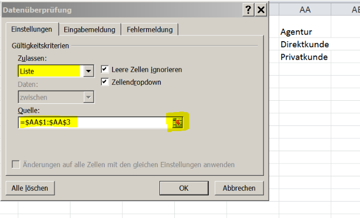 Auswahlliste - Datenüberprüfung