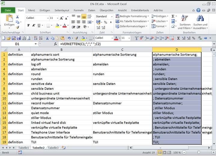 Glossarerstellung mit Excel